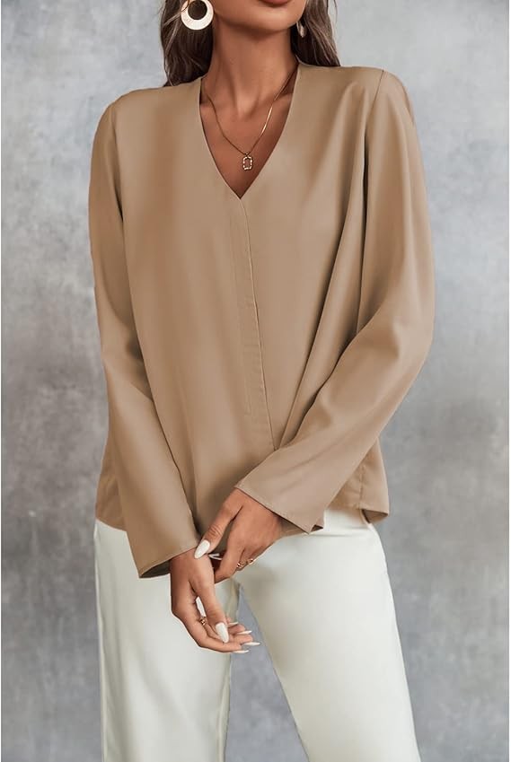 Women's Long Sleeve Shirts V Neck Business Casual Plain Work Blouses Tops