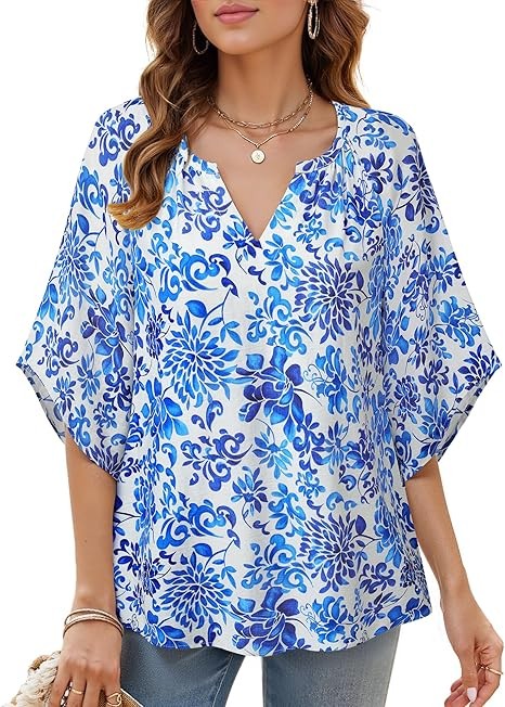 Womens 3/4 Sleeve V Neck Bohemian Peasant Blouses Casual Loose Fit Tunic Tops