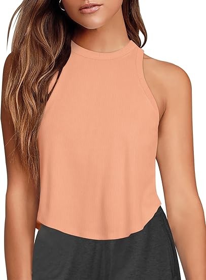 Womens Crop Tops Sleeveless Workout Tops Halter Neck Flowy Athletic Shirts Cropped Tank Muscle Tank