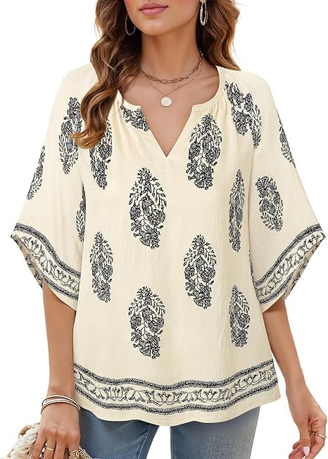 Womens 3/4 Sleeve V Neck Bohemian Peasant Blouses Casual Loose Fit Tunic Tops