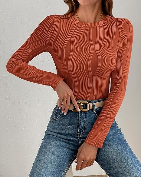 Women's Tops 2025 Cute Long Sleeve Crewneck Blouses Plain Slim Fit Fall Shirts Textured Knit Basic T Shirts